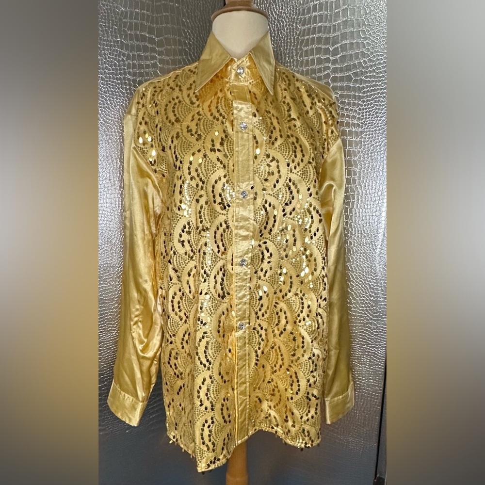 Cloudstyle Gold Sequin Lace Button-Up Long Sleeve Shirt
